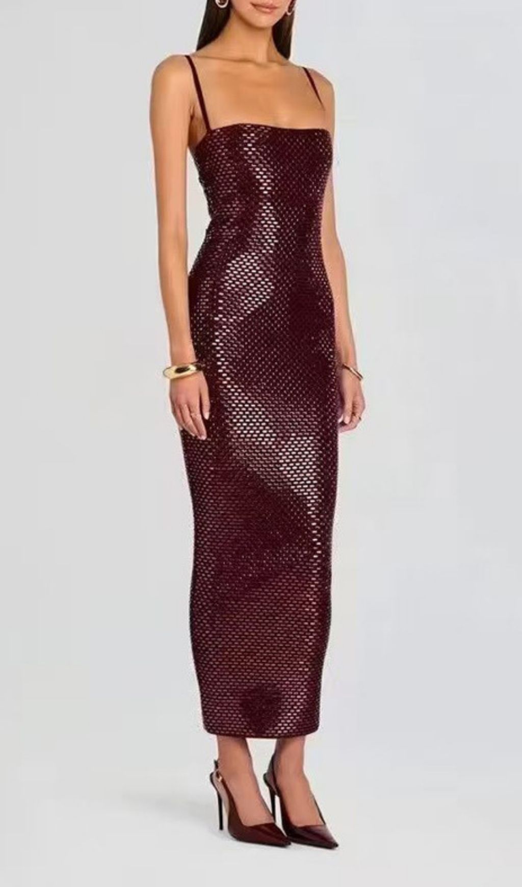 Fashionslee Women Kiyo Wine Strappy Sequin Bodycon Maxi Dress