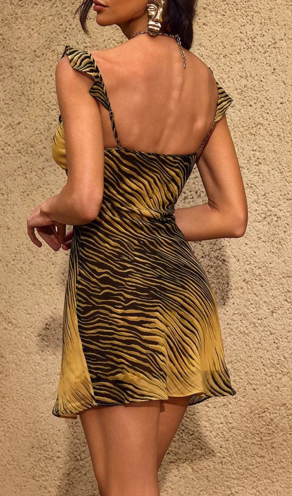 Fashionslee Women Chiba V Neck Tiger Ruffle Mini Dress