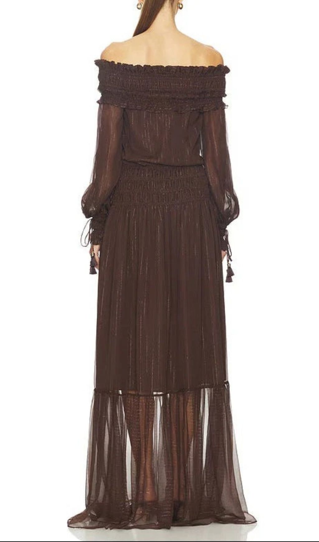 Fashionslee Women Tiffany Brown Off-shoulder Maxi Dress with Ruched Trim