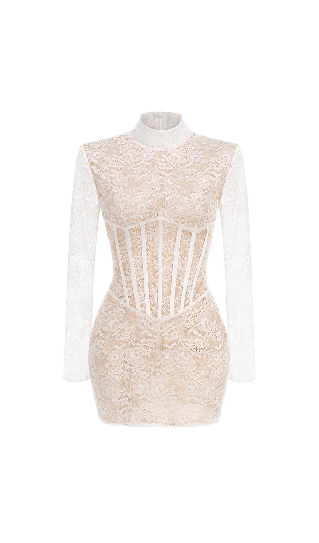 Fashionslee Women Dorisa White Lace Corset Long Sleeve Mini Dress