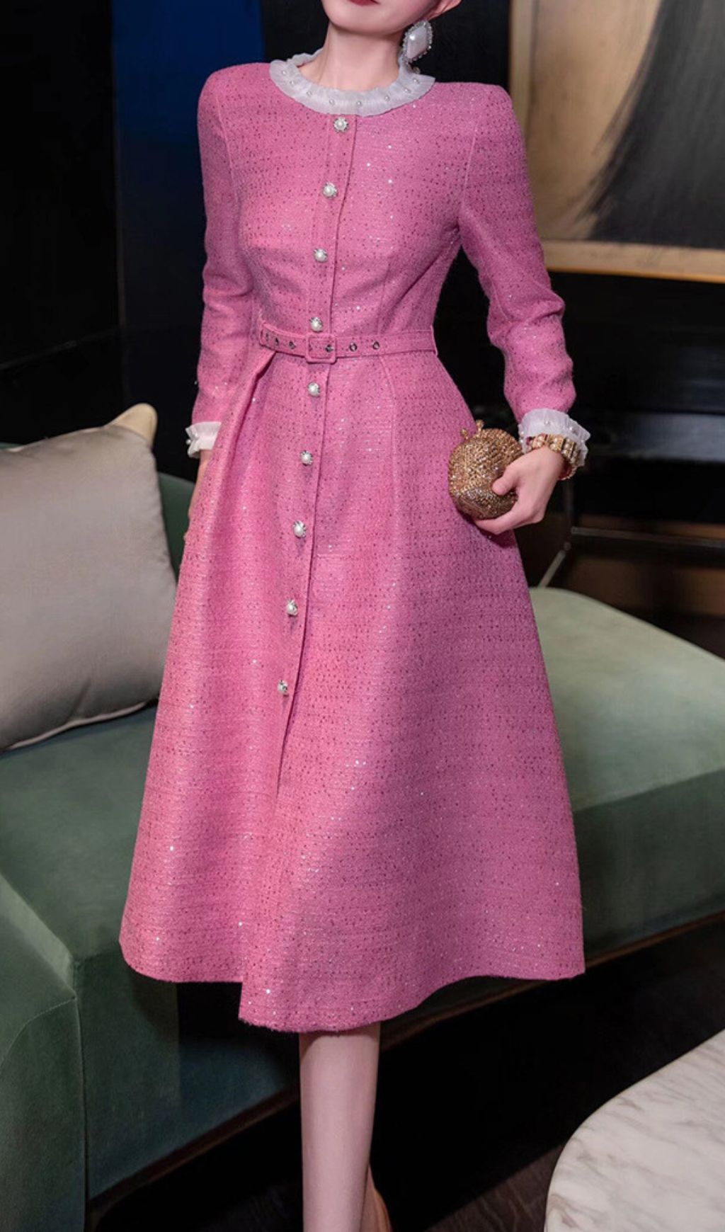 Fashionslee Women Hong Pink Long Sleeve Midi Dress
