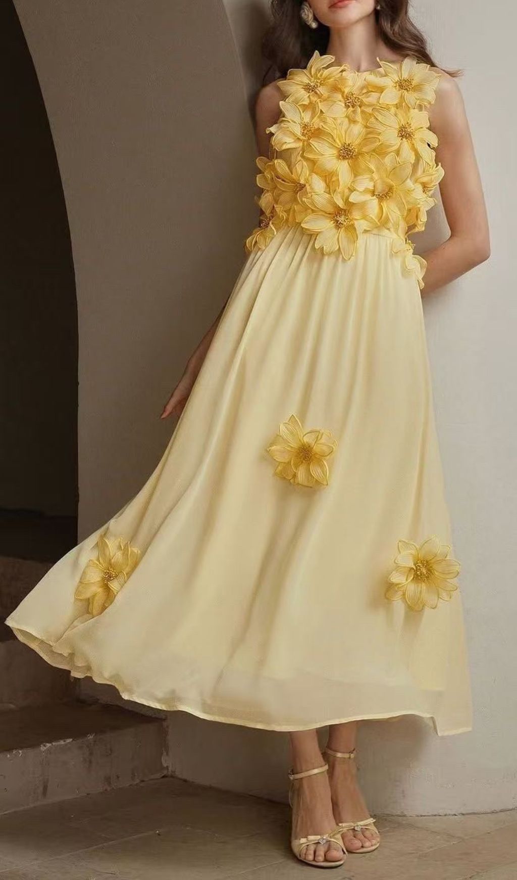 Fashionslee Women Garo 3D Flower Embellished Midi Dress