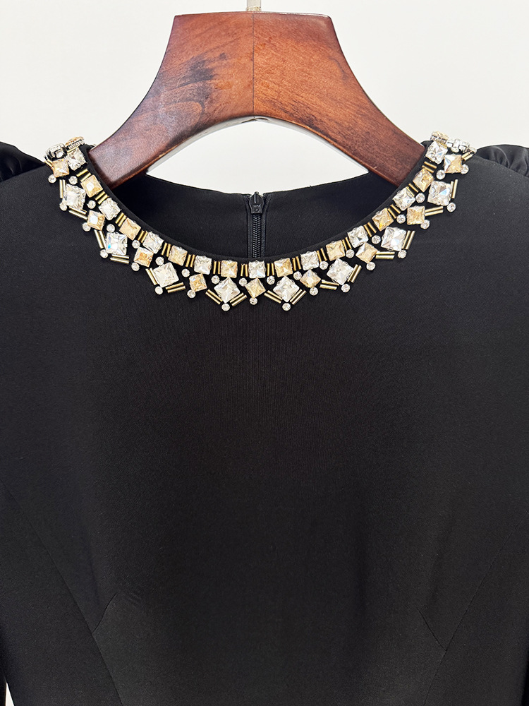Fashionslee Women Hallie Black Crystal Long Sleeve Midi Dress