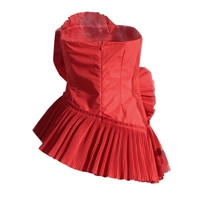d80f92ef85c43219227f10081f90b92d.jpeg Fashionslee Women Strapless Flower Pleated Top In Red