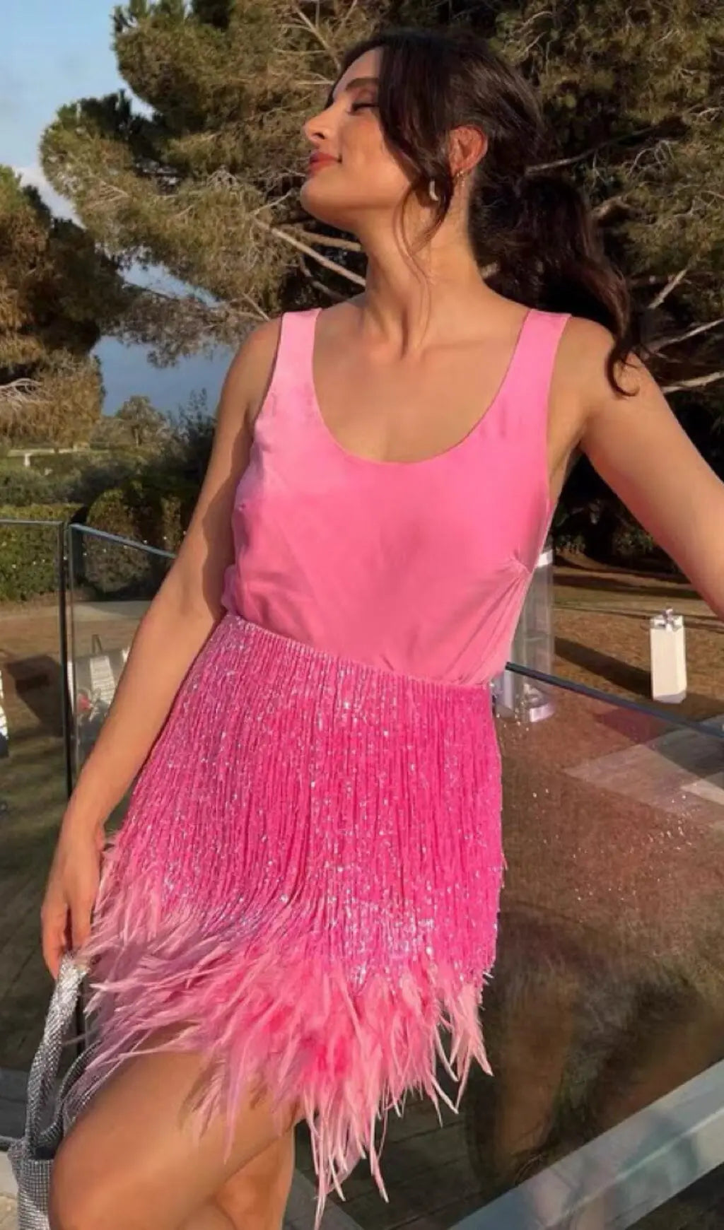 Fashionslee Women Shiny Fringe Feather Mini Dress In Pink