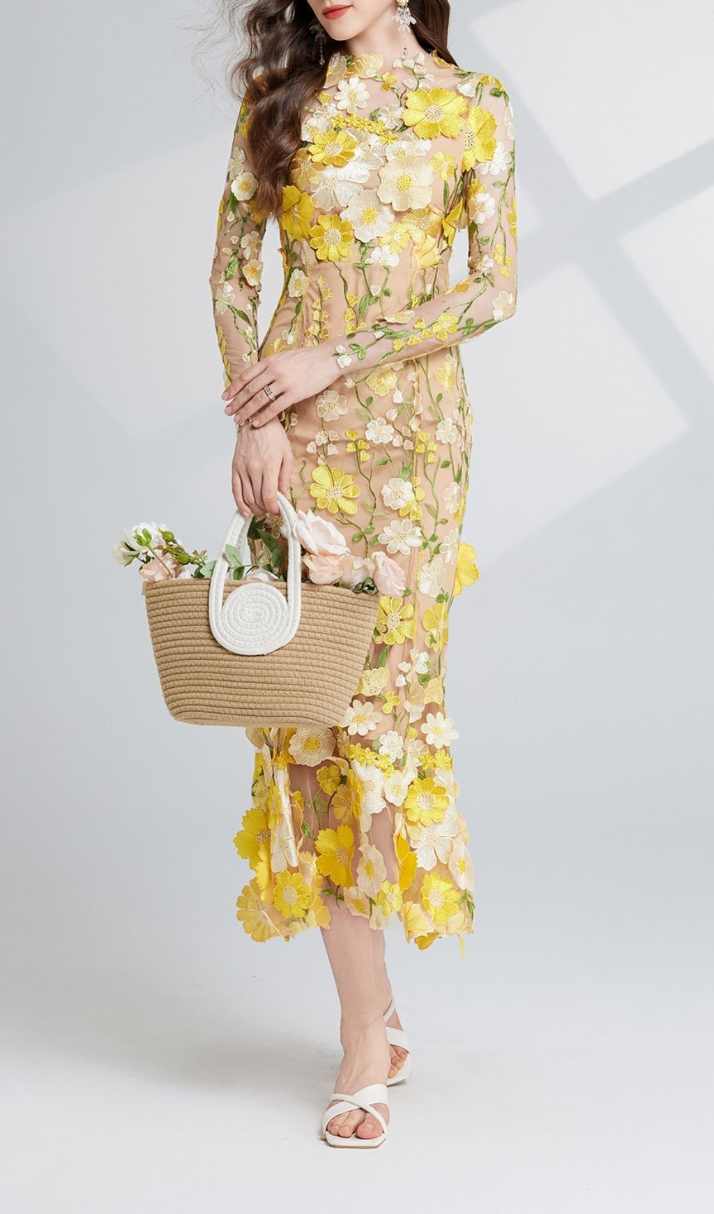 Fashionslee Women Carol Yellow Floral Embroidery Mesh Fishtail Long Sleeve Midi Dress