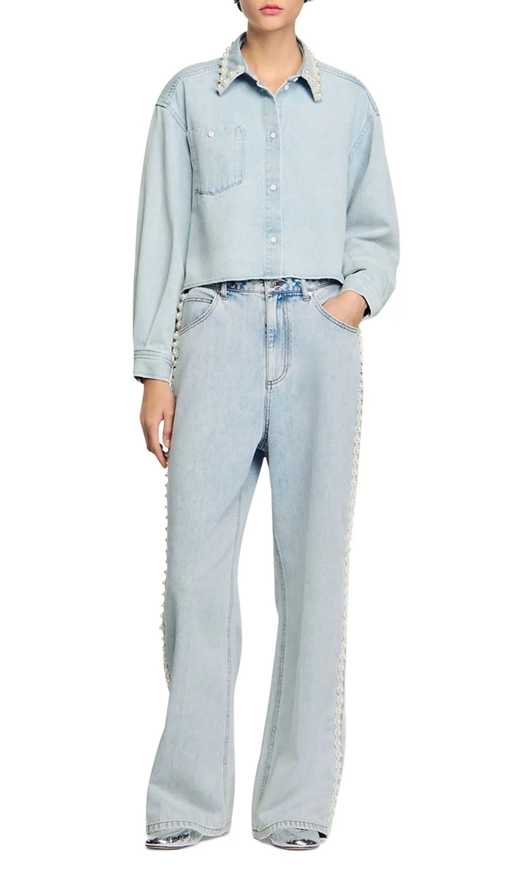 Fashionslee Women Beaded Collar Denim Shirt