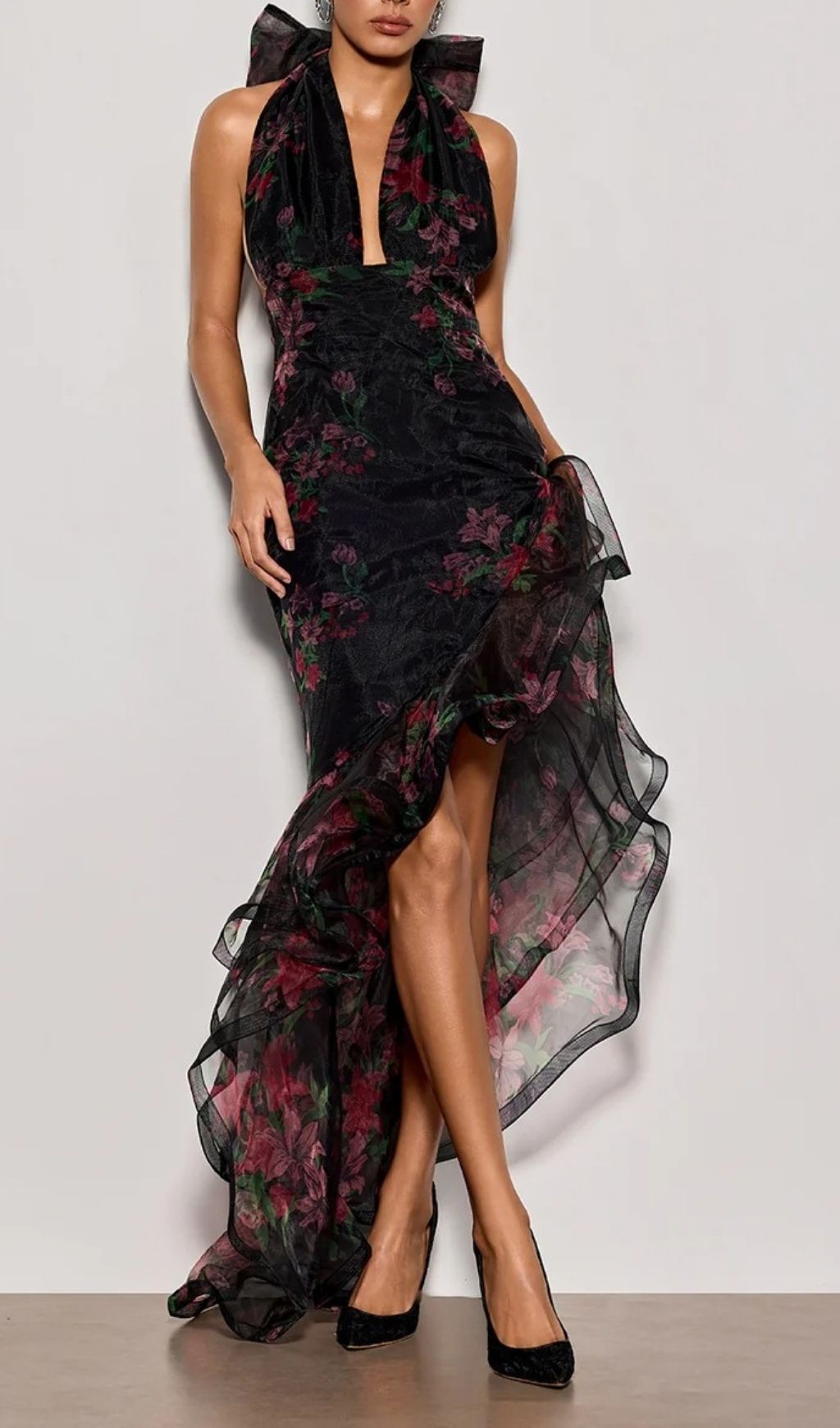 Fashionslee Women Cynna Halterneck Floral Ruffle Maxi Dress