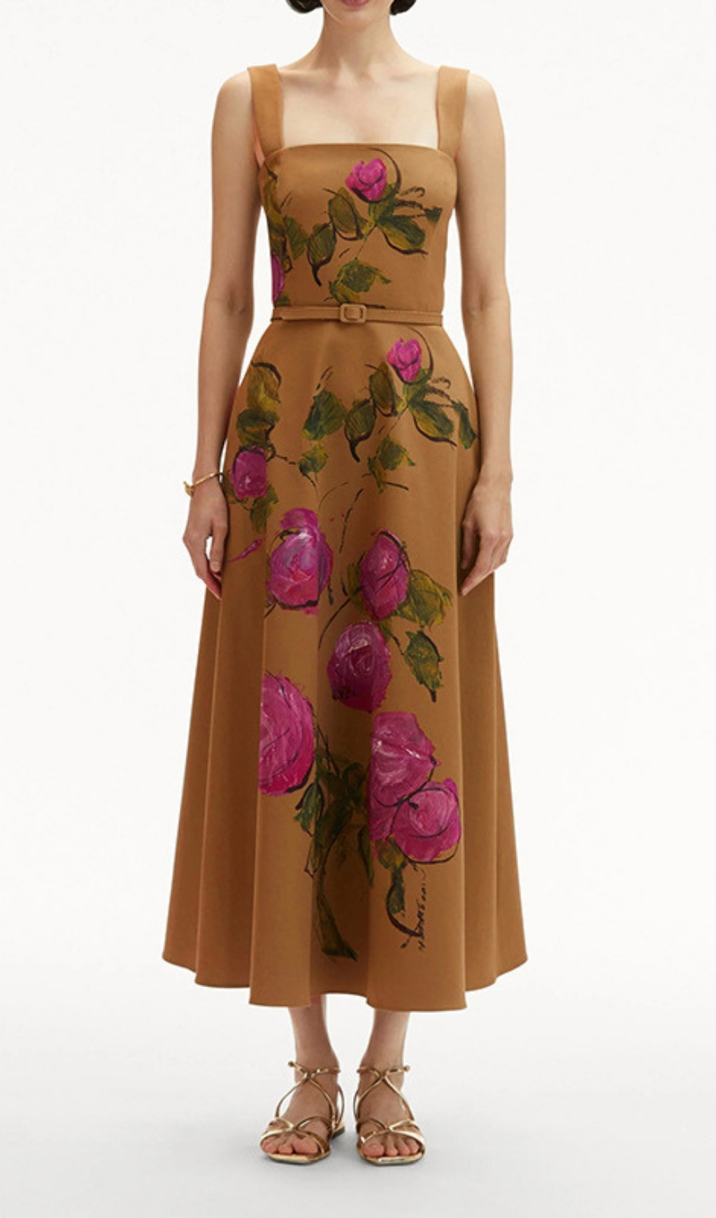 Fashionslee Women Floria Flower Printed Belt Midi Dress