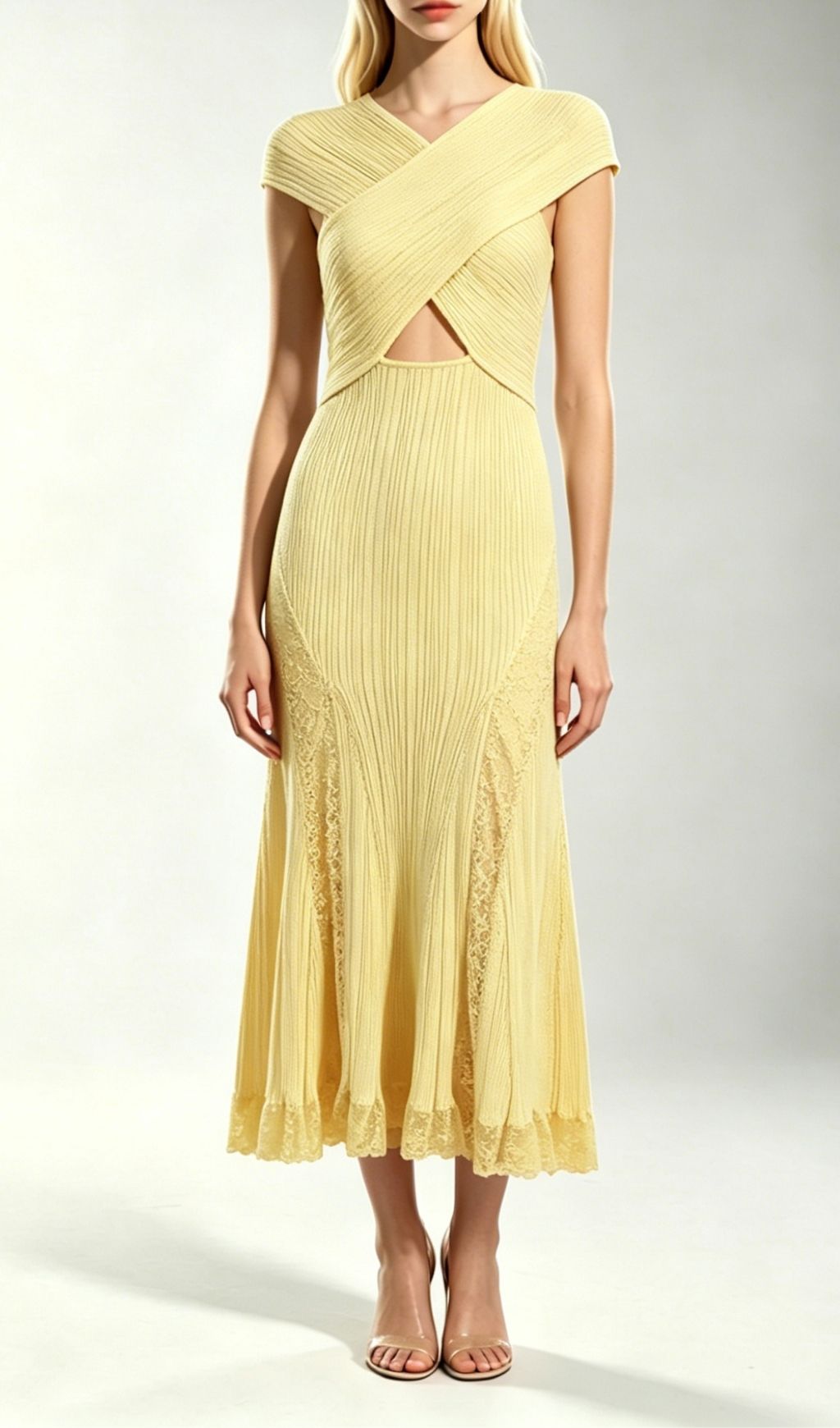 Fashionslee Women Kibibi Yellow Lace Knit Midi Dress
