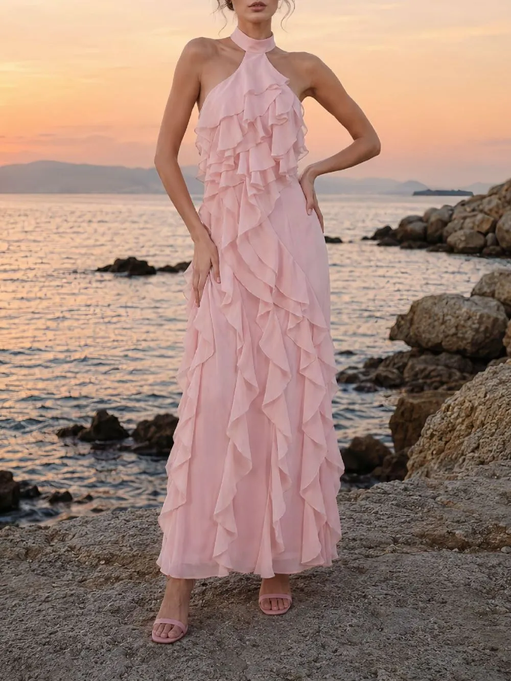 PINK HALTER RUFFLE MAXI DRESS TRENDING - OWNCI PINK HALTER RUFFLE MAXI DRESS TRENDING - OWNCI