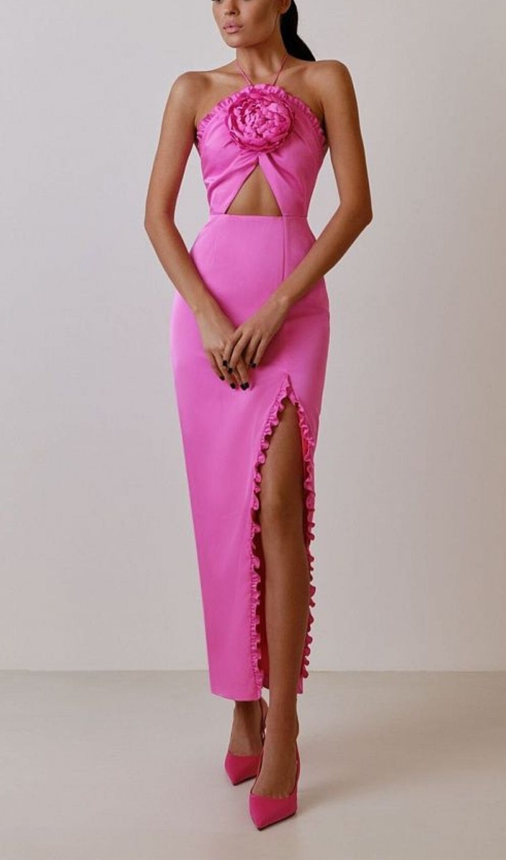 Fashionslee Women Floral Embellished Slit Midi Dress In Pink