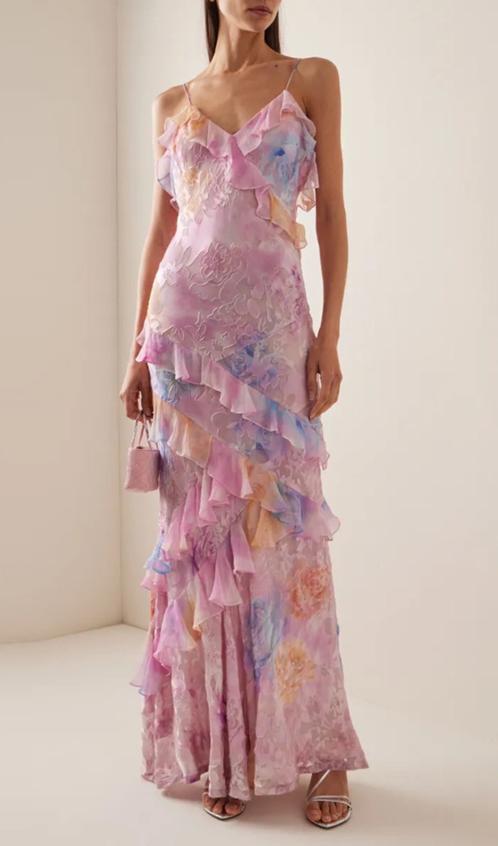 Fashionslee Women Brocha V-Neck Floral Ruffle Maxi Dress