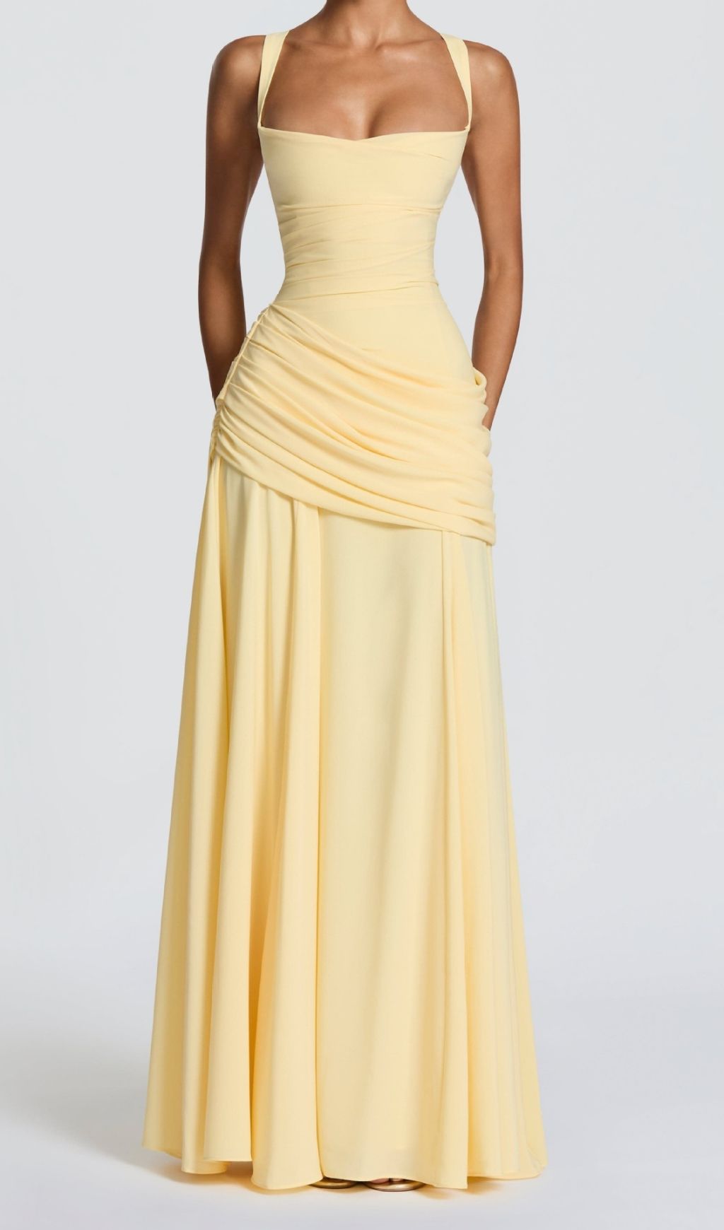 Fashionslee Women Kellie Yellow Strappy Ruched Maxi Dress