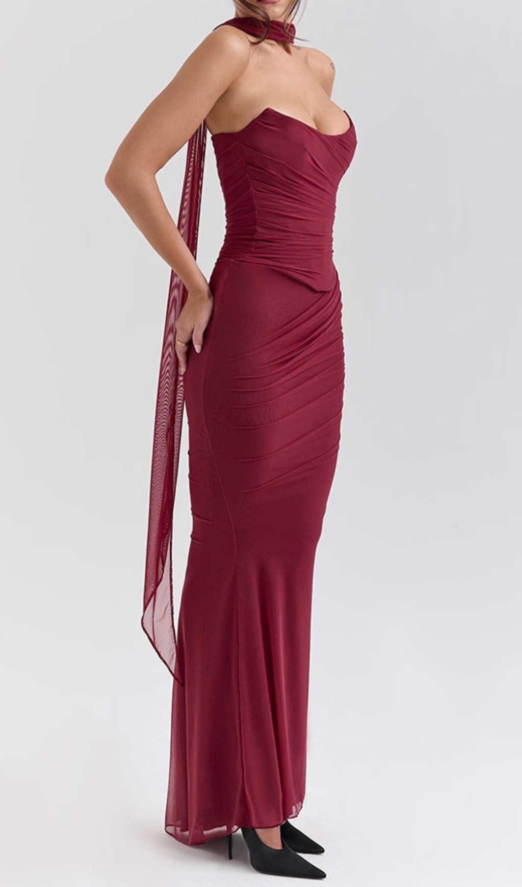 Fashionslee Women Barbie Wine Corset Top Fluted Hem Maxi Dress