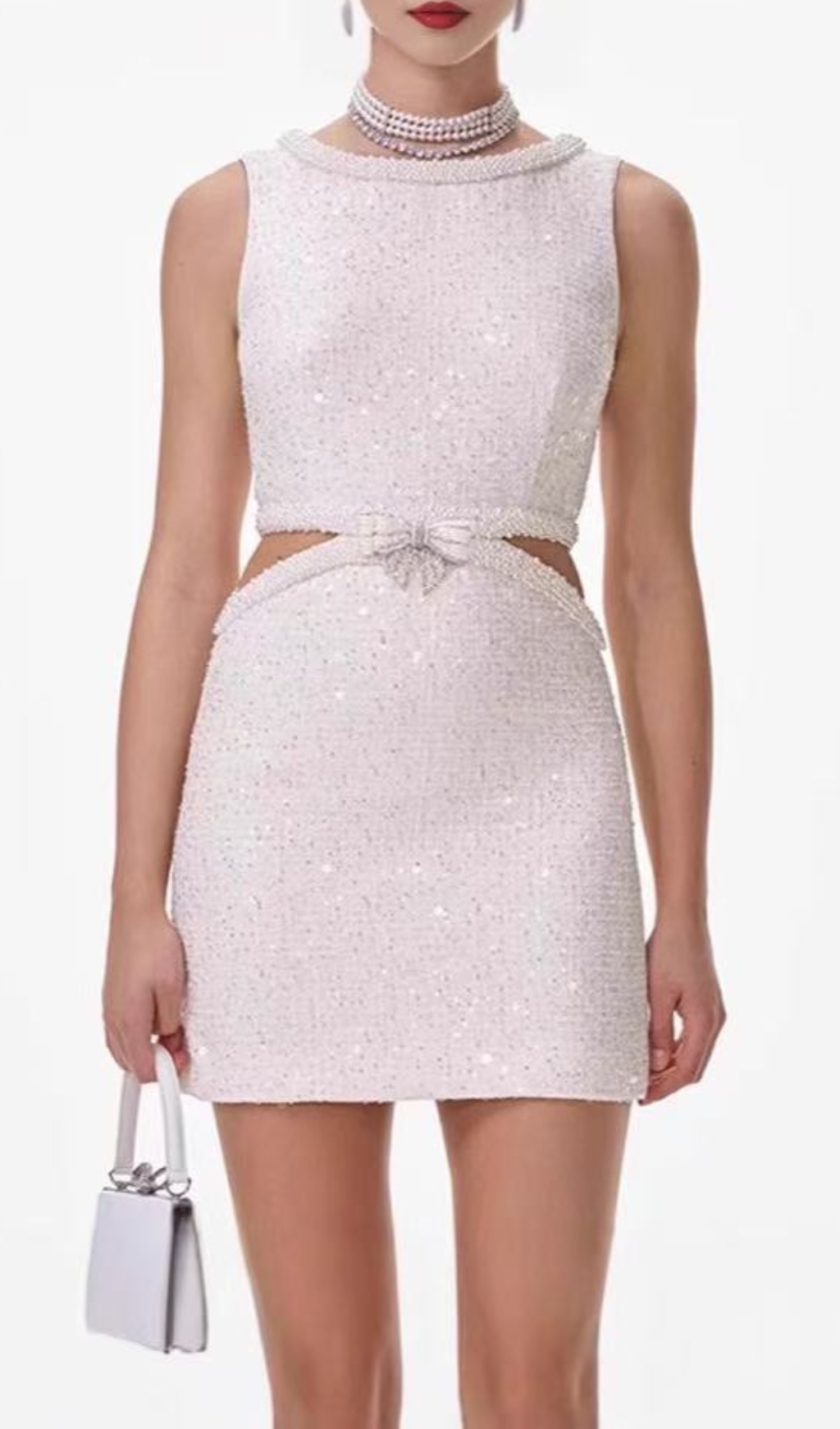 Fashionslee Women Cream Boucle Pearl Mini Dress