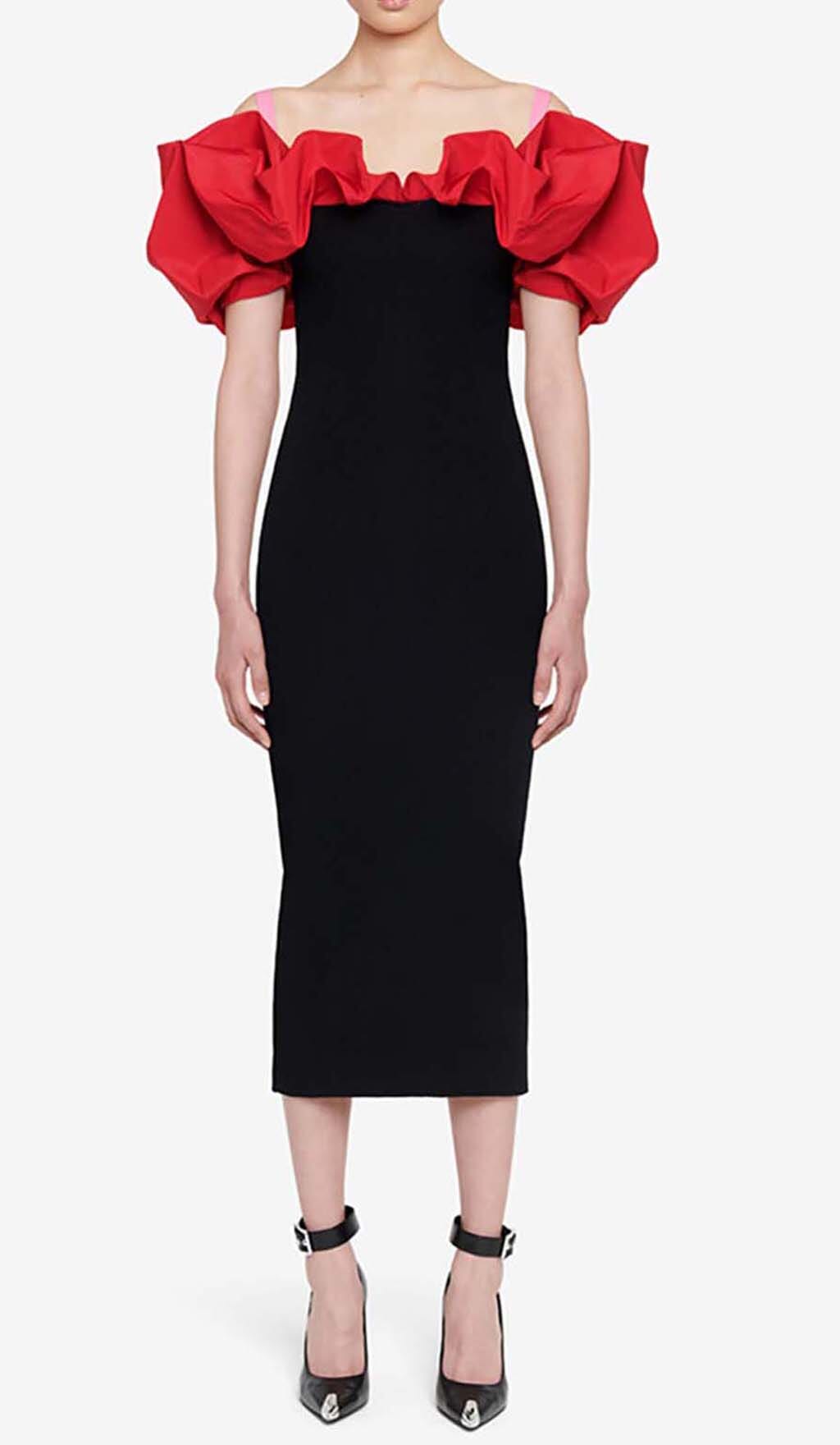 Fashionslee Women Ruffled Pencil Midi Dress In Black