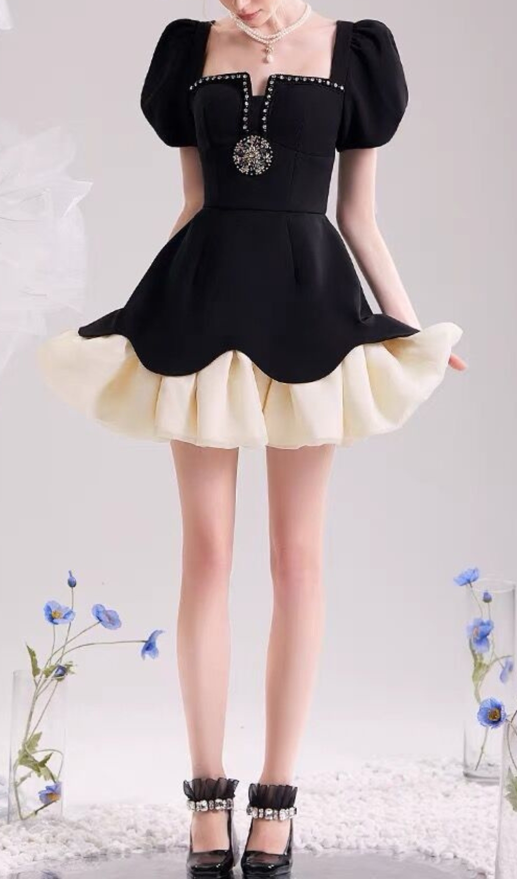 Fashionslee Women Cayla Black Puff Sleeve Mini Dress