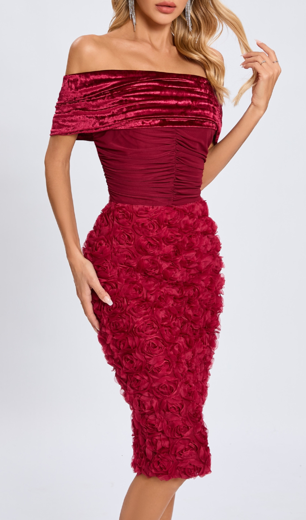 d9fb7a8b88c0038174ed847ae6e7acec.jpg Fashionslee Women Colletta Red Off-Shoulder Ruched Flower Midi Dress