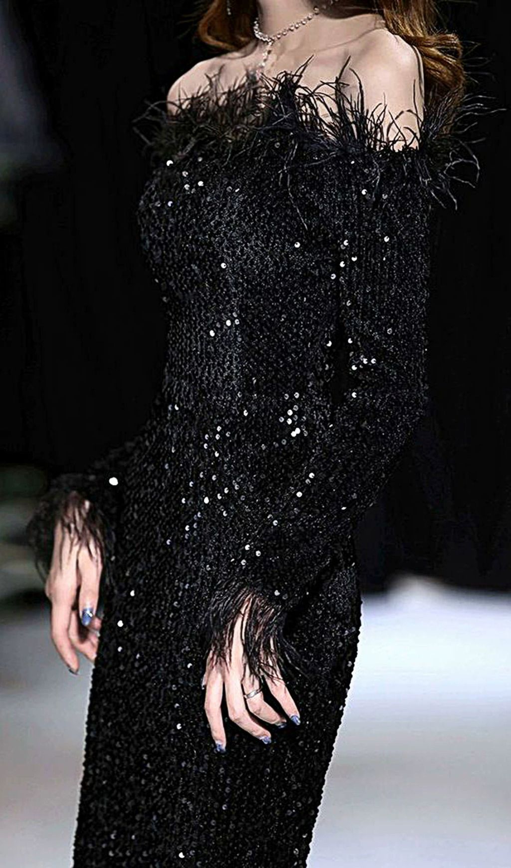 Fashionslee Women Sequin Sexy Off Shoulder Feather Long Sleeves Gown In Black