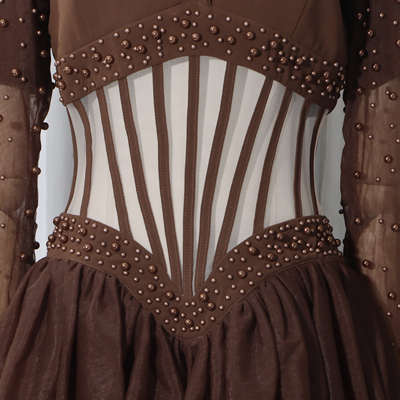 da068fe477d1b7d98e2b0371d677a578.jpg Fashionslee Women Kaysar Coffee Beaded Corset Mesh Maxi Dress