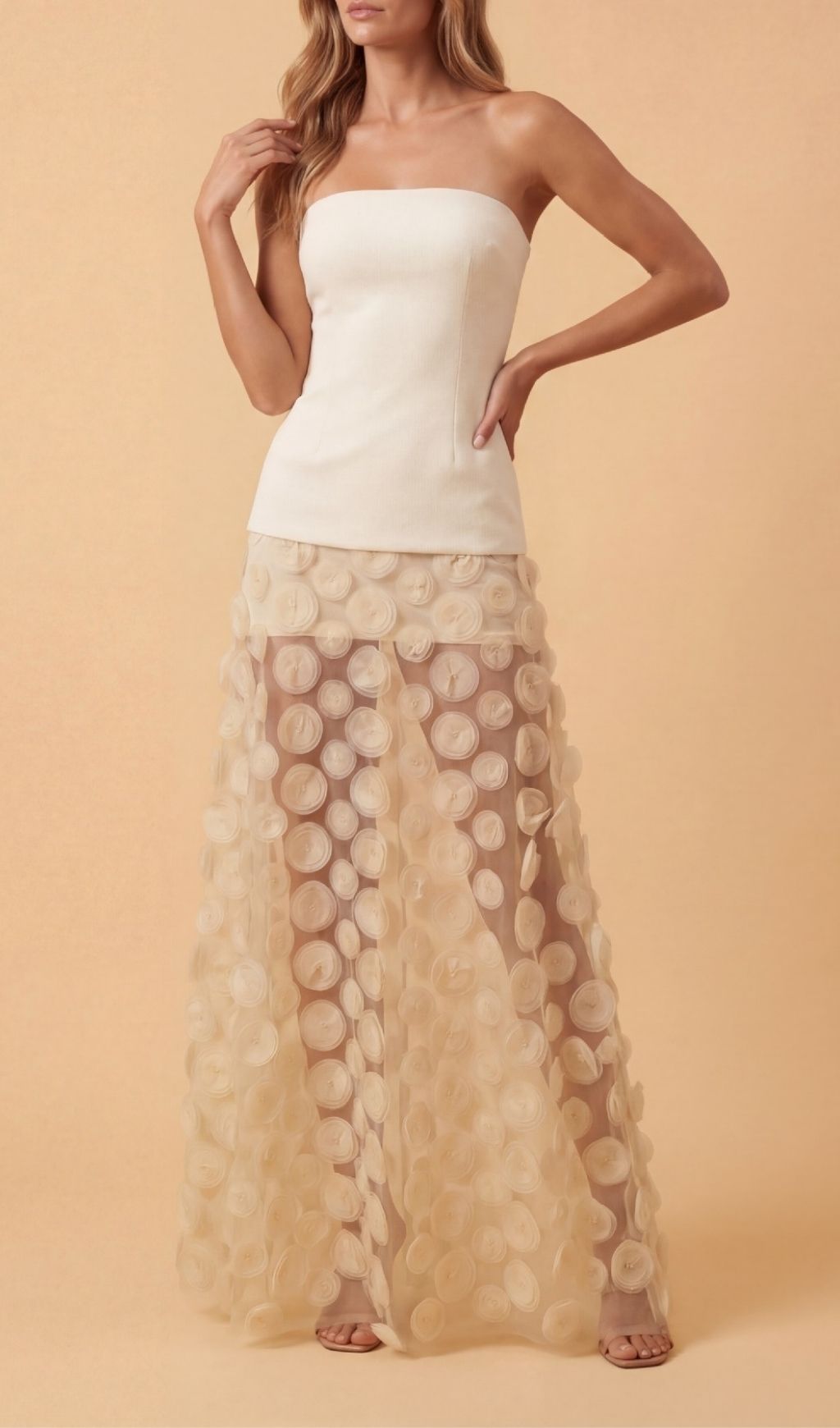 Fashionslee Women Keala Apricot Strapless Mesh Maxi Dress