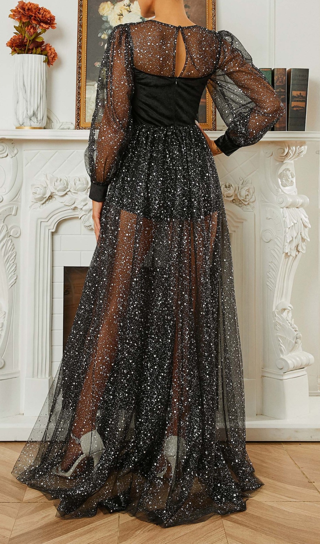 Fashionslee Women Catlyn Black Mesh Long Sleeve Maxi Dress