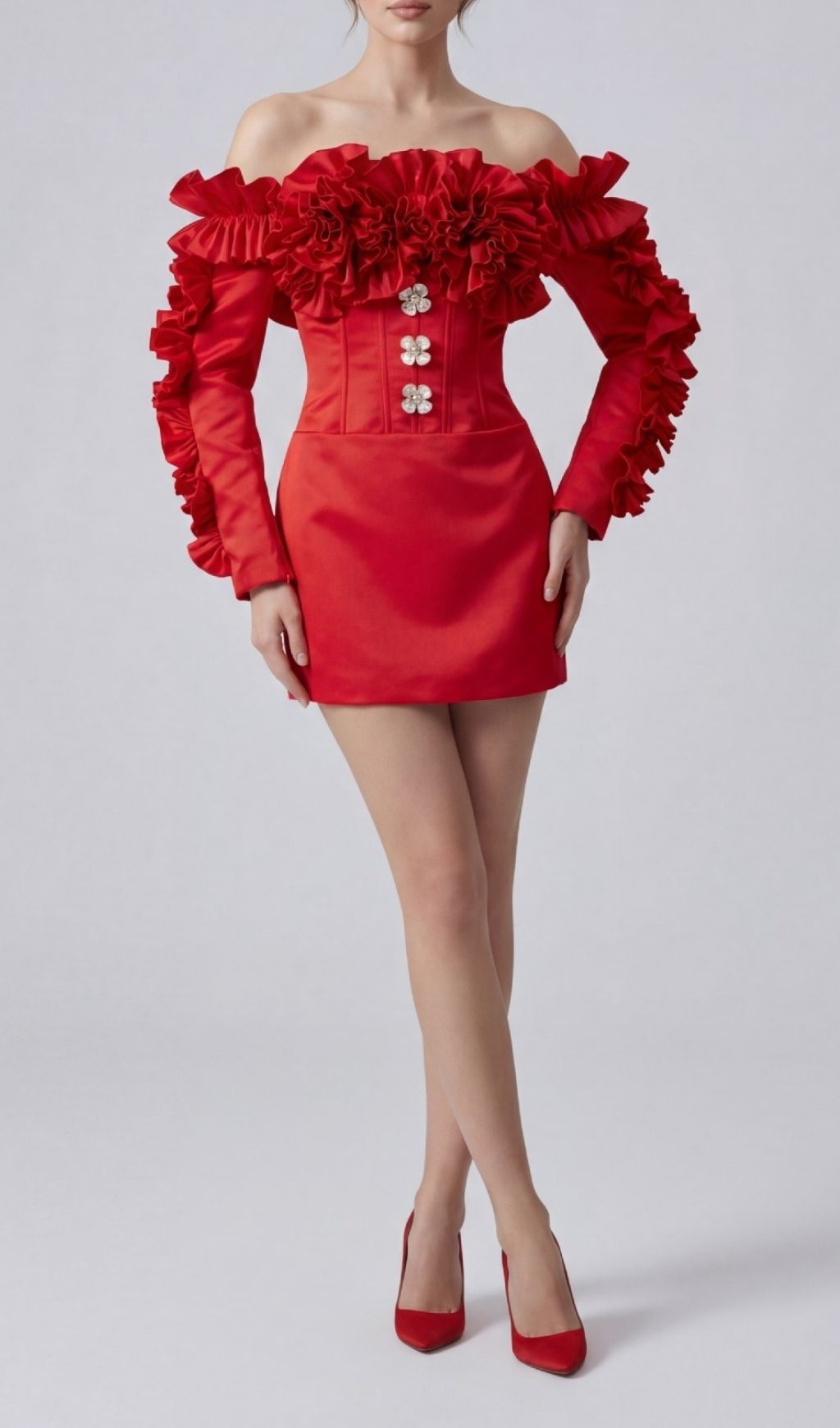 TRENDING RED OFF-SHOULDER RUFFLE MINI DRESS - OWNCI TRENDING RED OFF-SHOULDER RUFFLE MINI DRESS - OWNCI