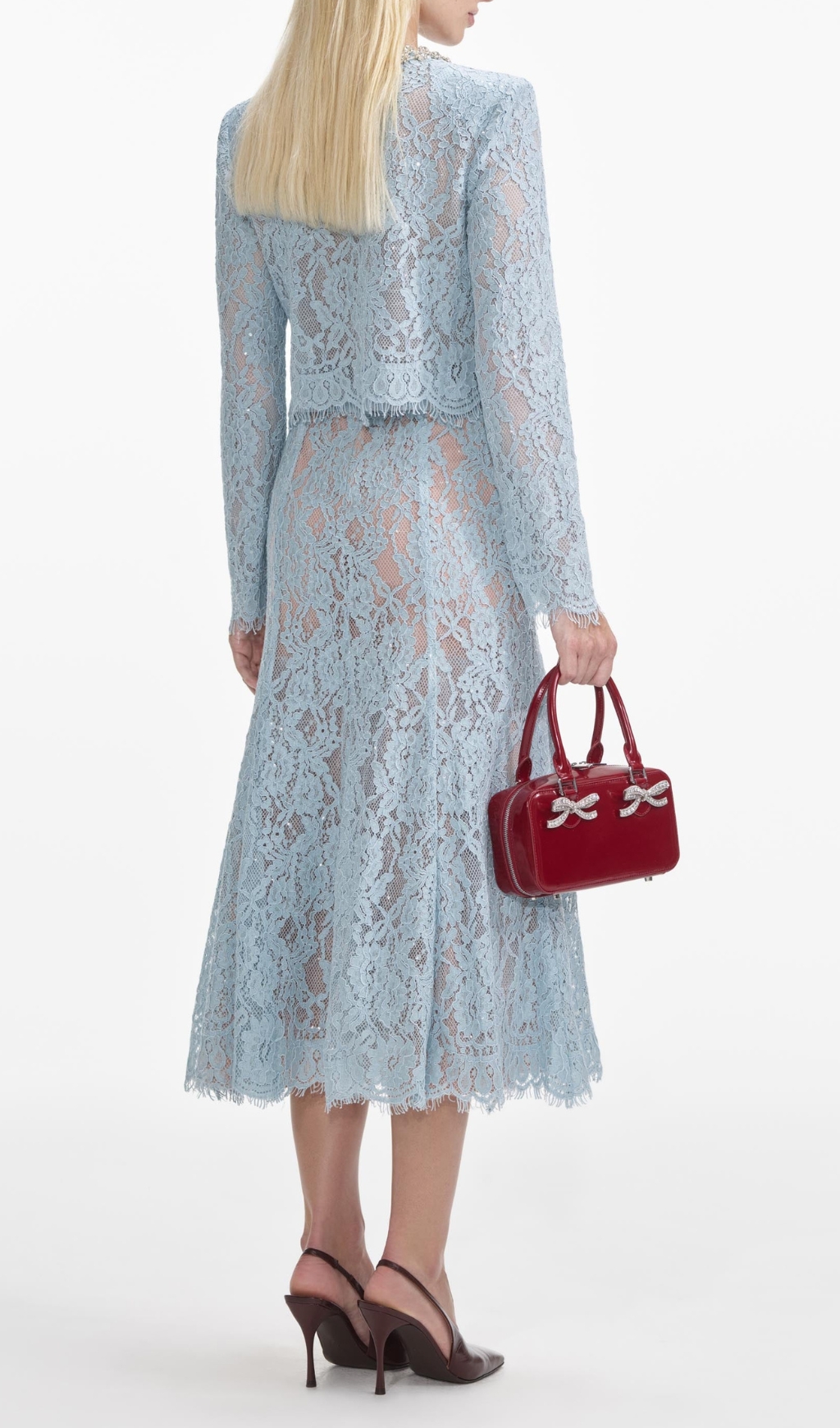 Fashionslee Women Blue Lace Embellished Top & Midi Skirt