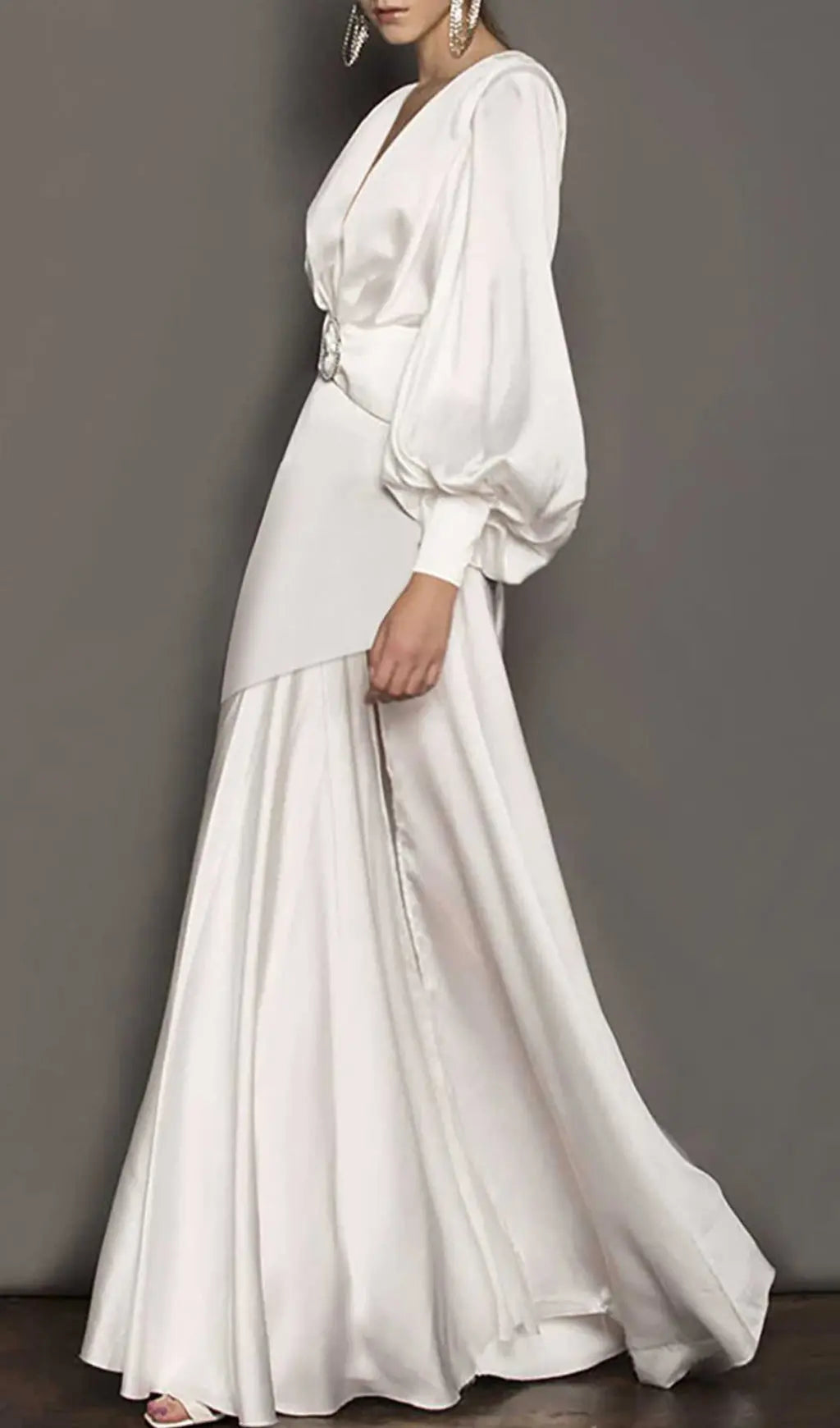 Fashionslee Women White Deep V Lantern Long Sleeve A-Line Dress
