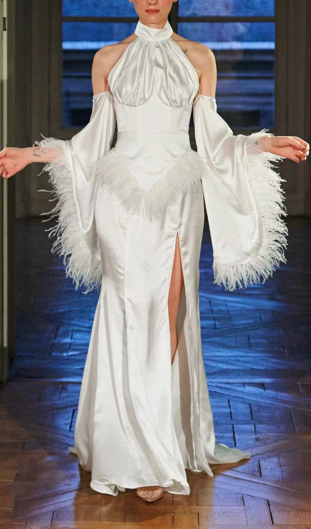 Fashionslee Women Astra Halterneck Feather Satin Dress