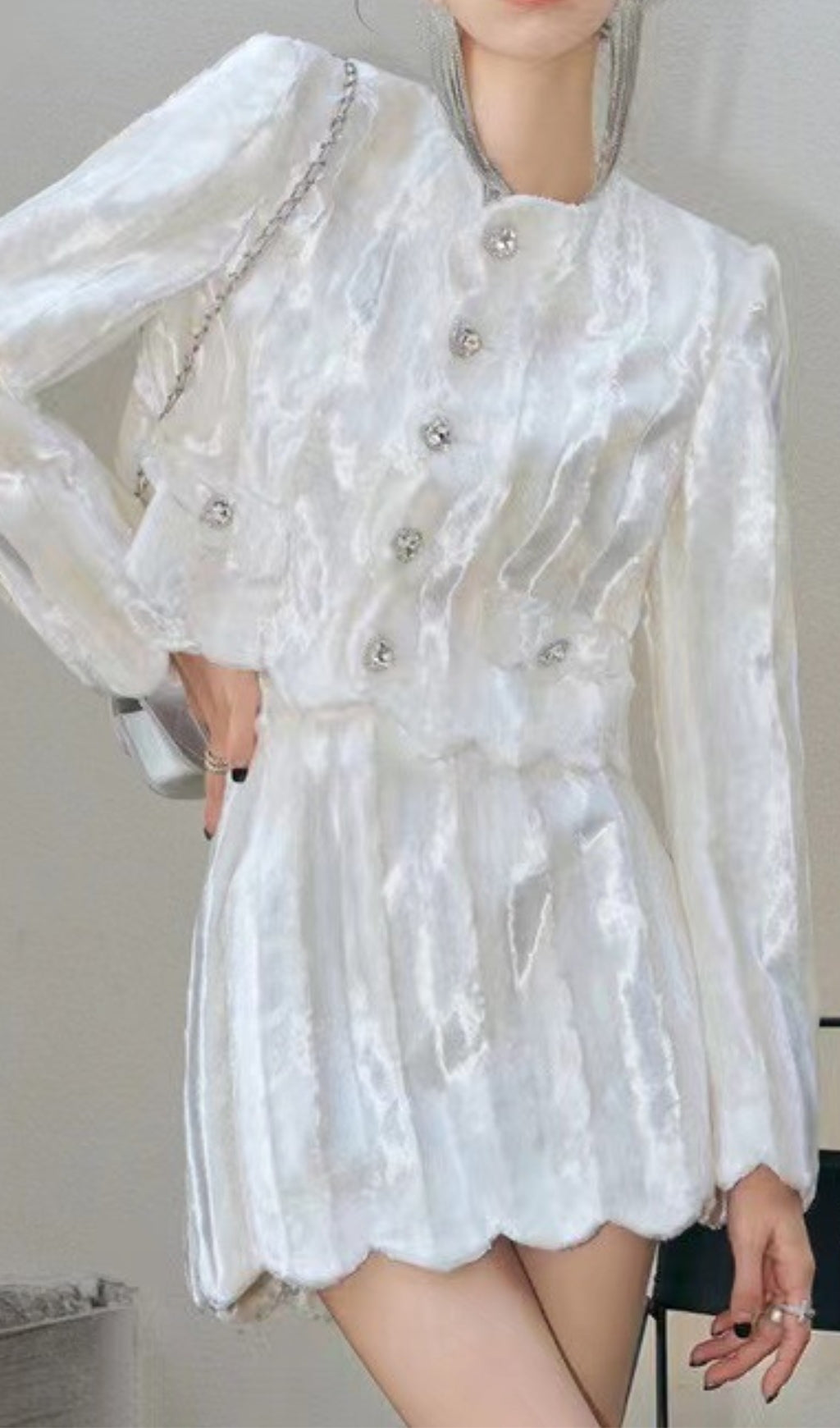 Fashionslee Women Velvet Rhinestone Buckle White Suits Diamond Mini Two-Piece