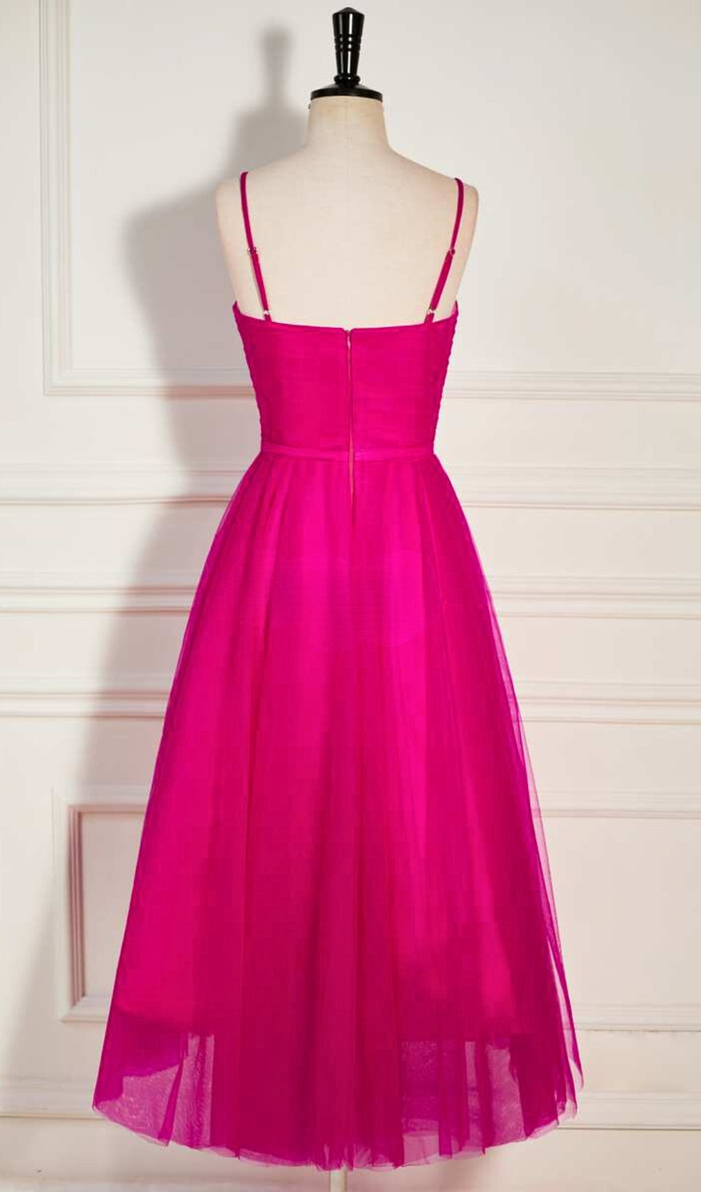 Fashionslee Women Pleats Spaghetti Straps Midi Dress In Hot Pink