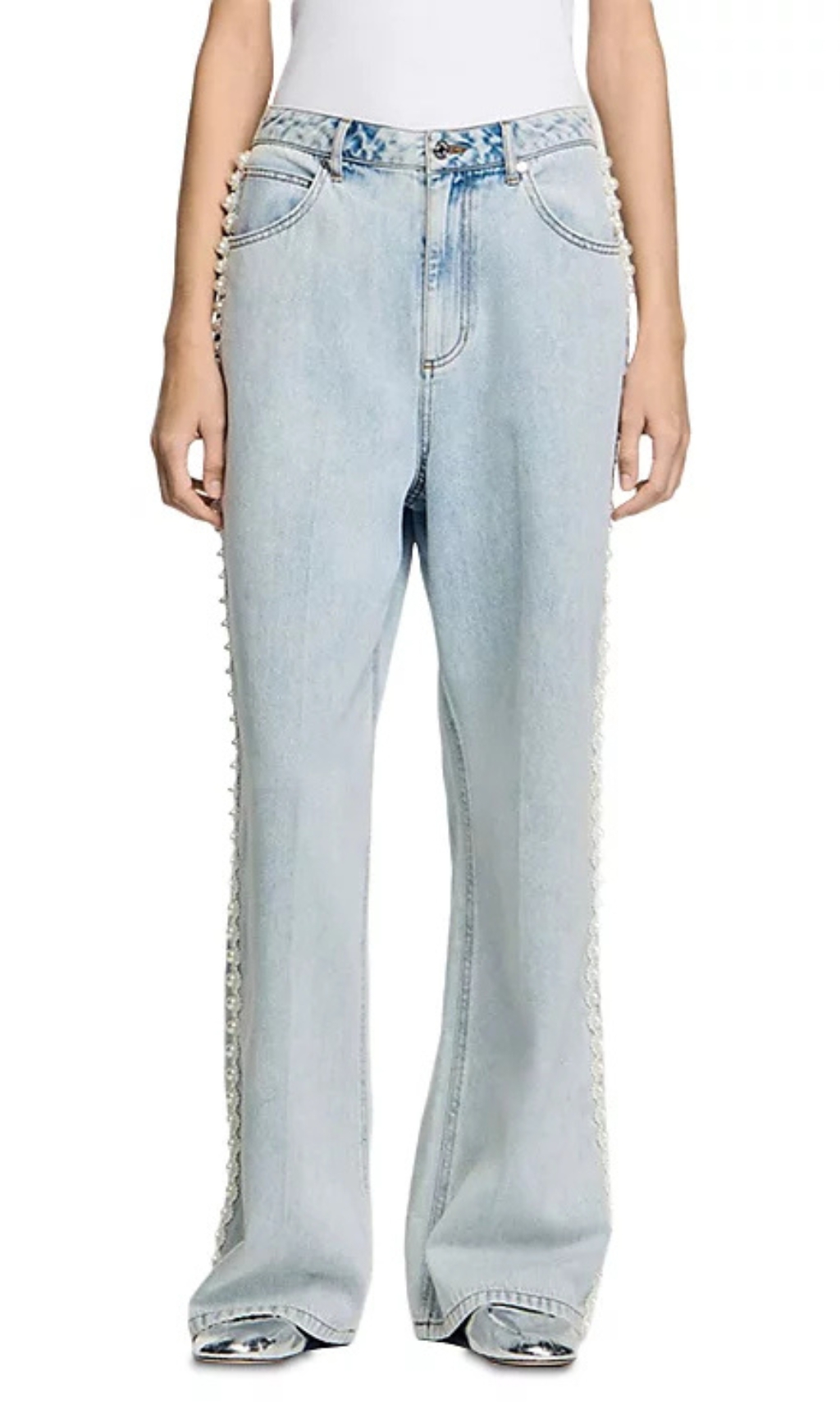 Fashionslee Women Beaded Jeans in Light Blue Jean