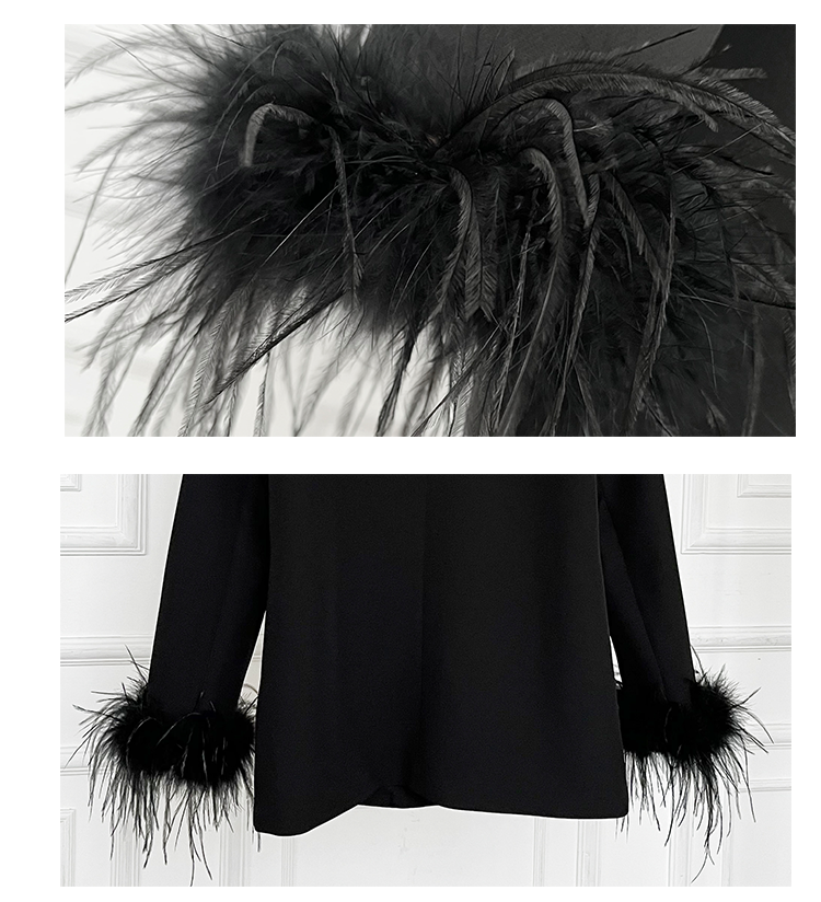 dc2e3cde3d6a427a8ba6e3d9e6817104.png Fashionslee Women Velvet Feather-Trim Jacket In Black