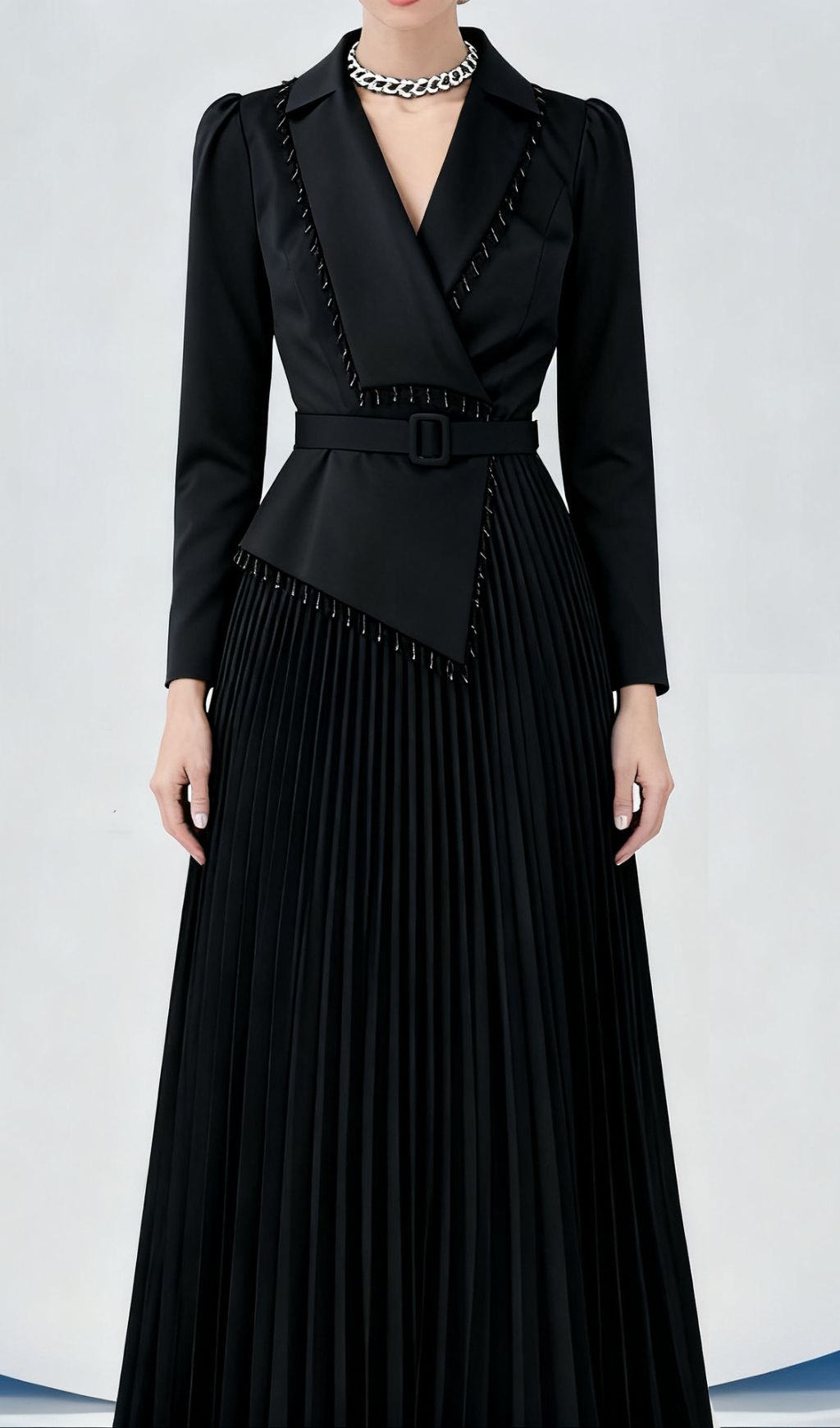 Fashionslee Women Ino Black Long Sleeve Pleated Midi Dress