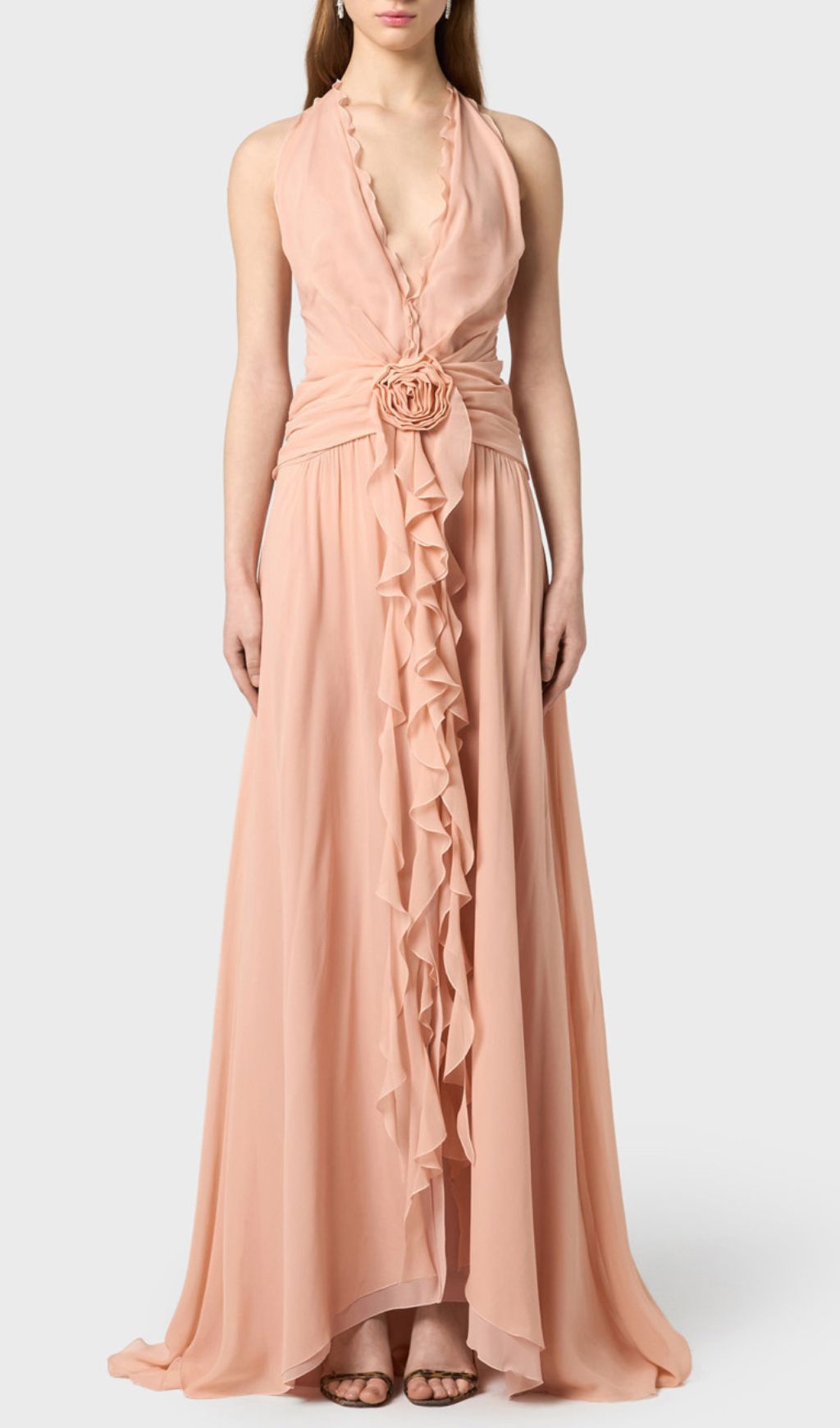 Fashionslee Women Florine Dusty Rose Halter Flower Ruffle Maxi Dress