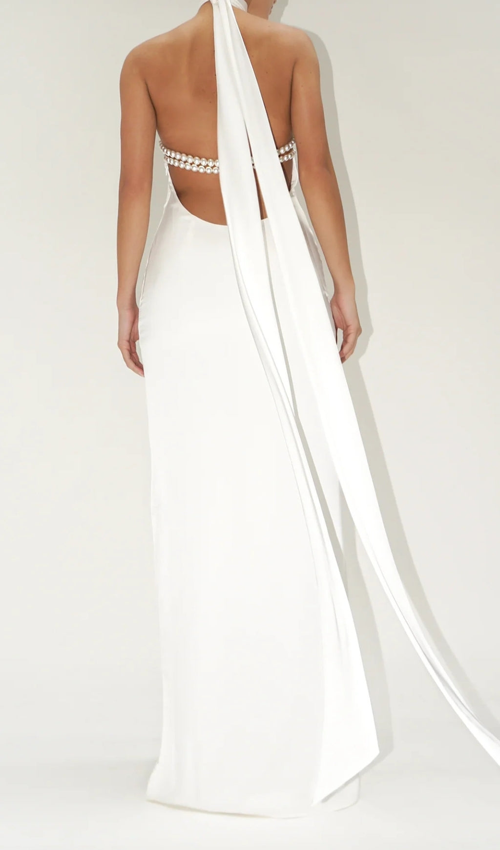 Fashionslee Women Birger White Halter Pearl Backless Maxi Dress