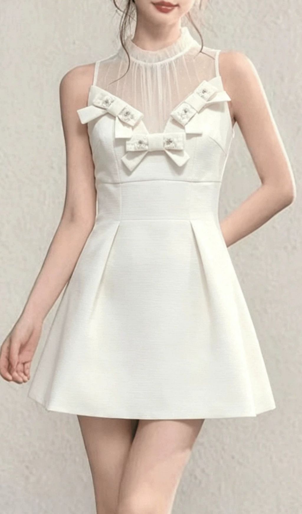 Fashionslee Women Kikkan White Bow Mesh Mini Dress