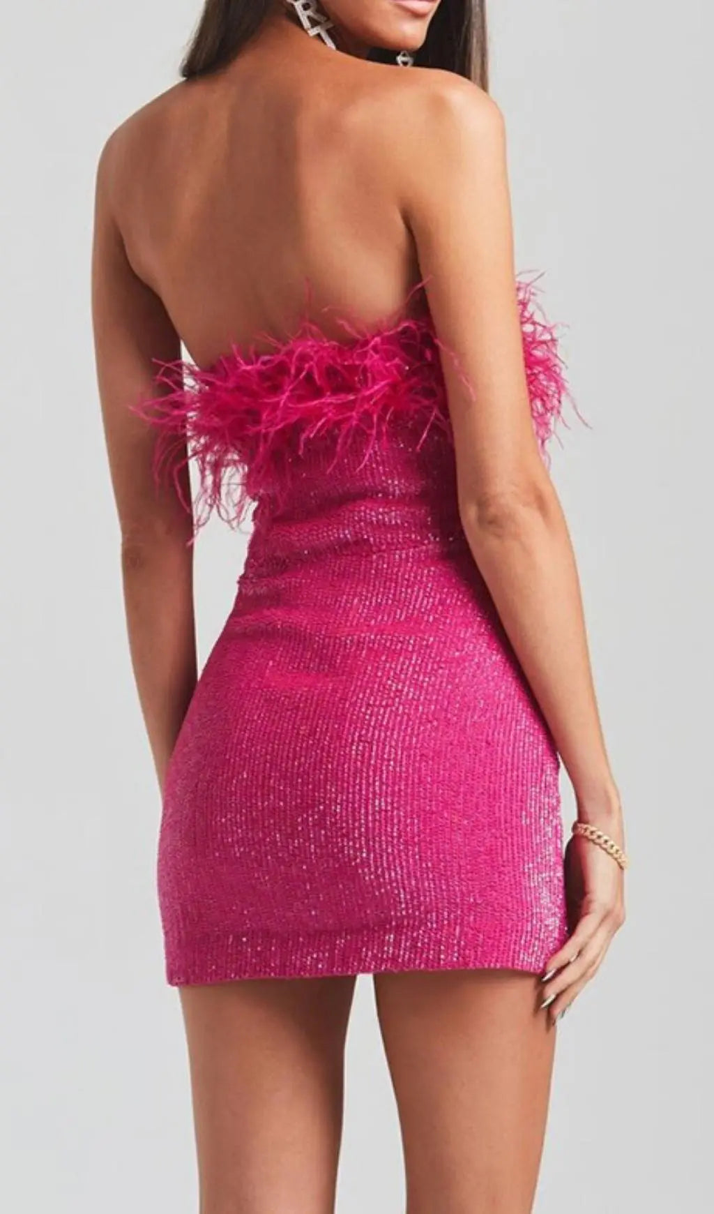 dc947da084af391066e65aed9386102a.jpeg Fashionslee Women Sequin Feather Strapless Mini Dress In Hot Pink