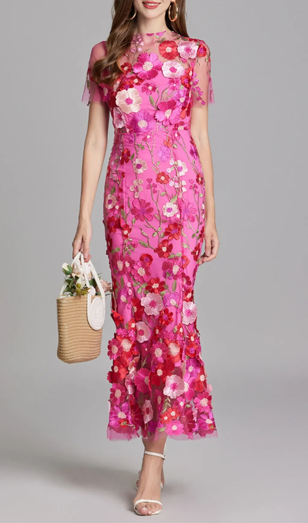 Fashionslee Women Carol Rose Red Floral Embroidery Mesh Fishtail Midi Dress