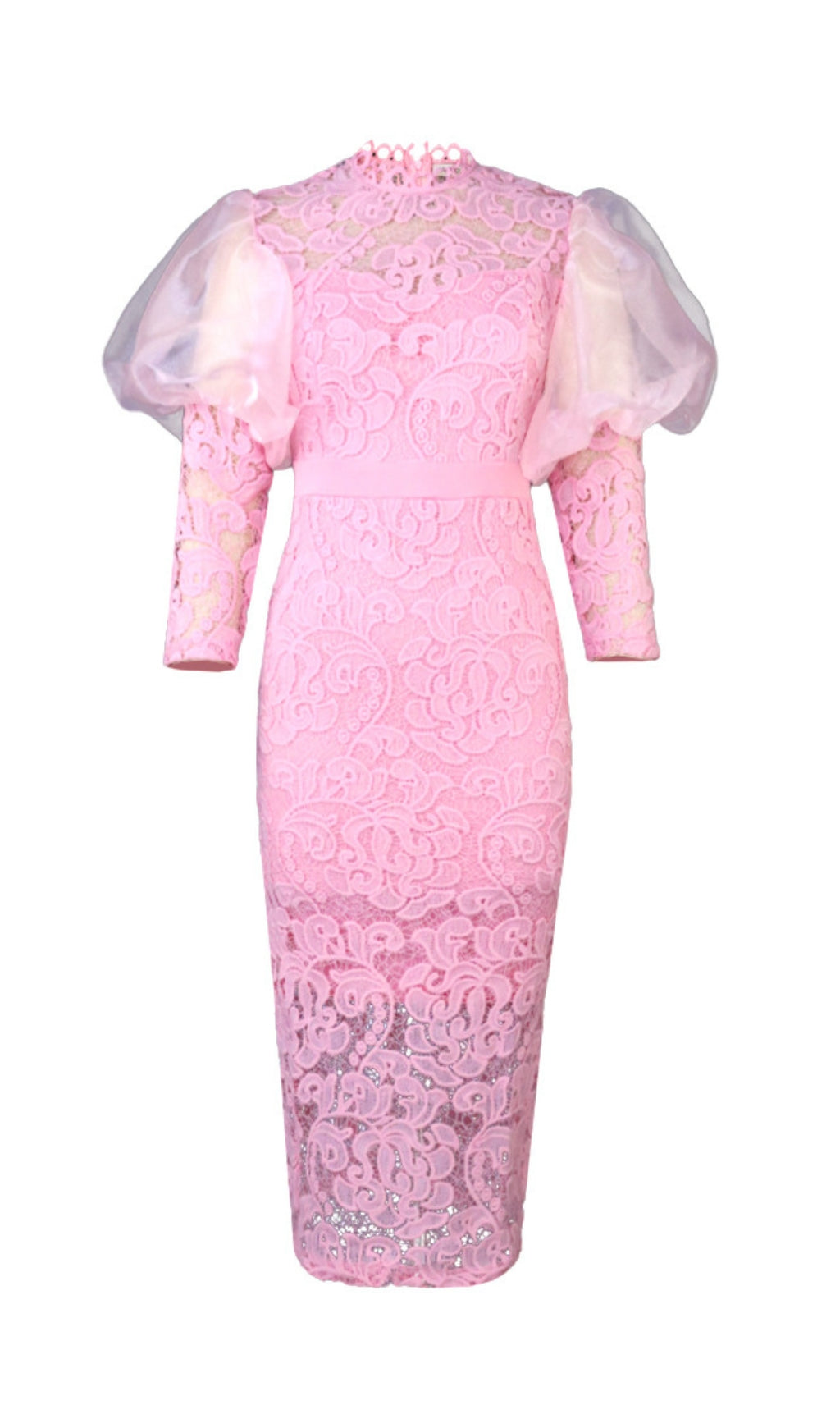 Fashionslee Women Aithne Pink Puff Sleeve Lace Midi Dress