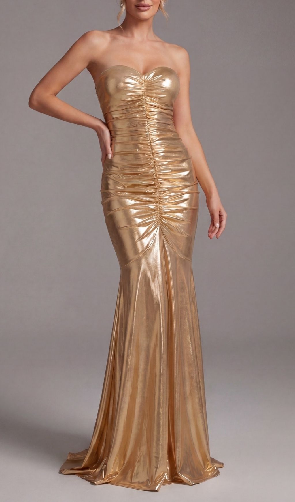 GOLD STRAPLESS RUCHED MAXI: TRENDING AESTHETIC DRESS - OWNCI
