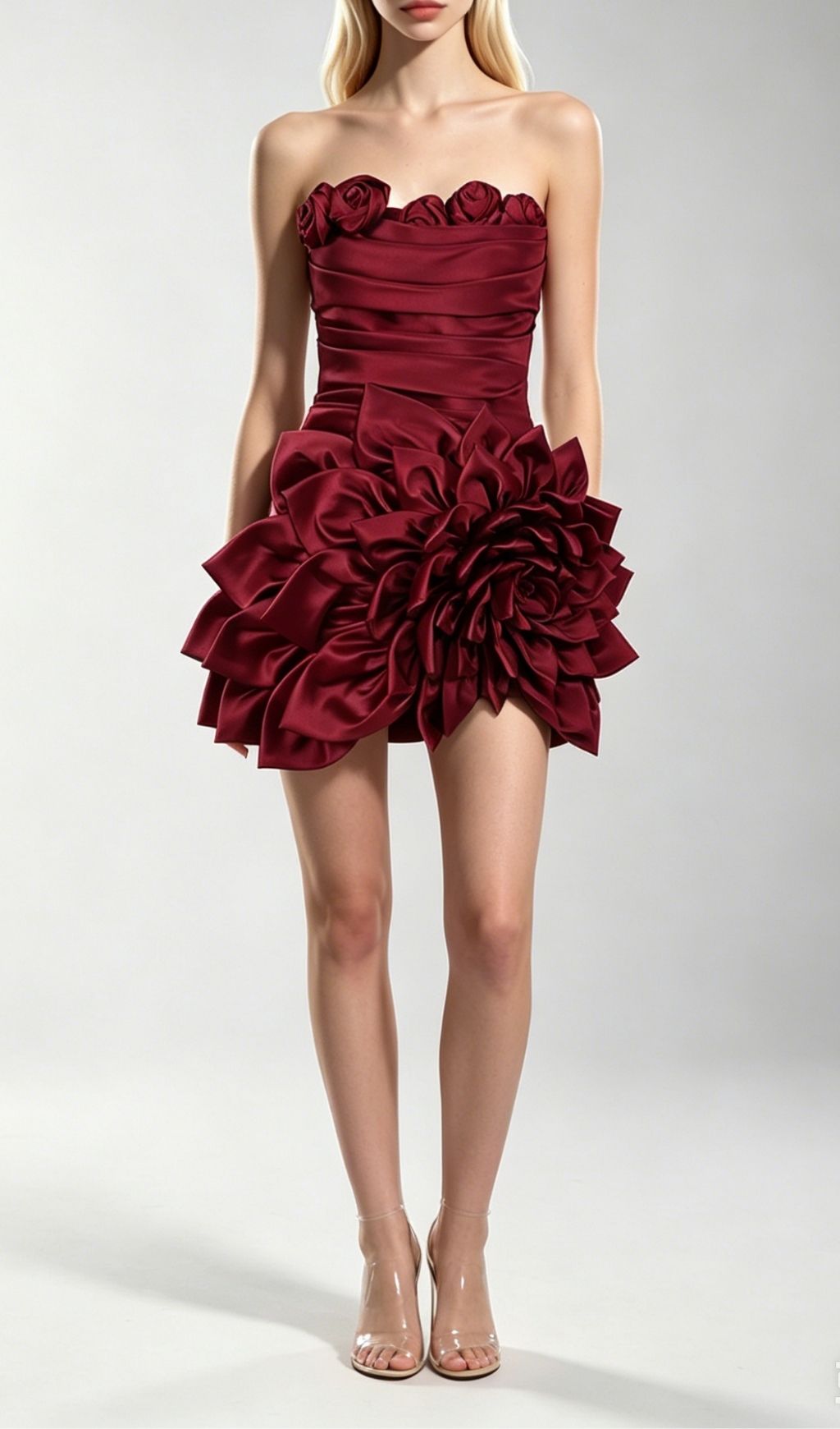 Fashionslee Women Korina Red Strapless 3D Flower Mini Dress