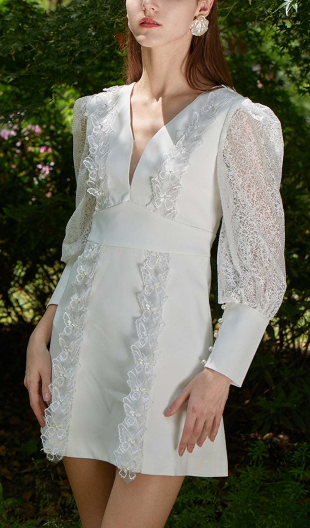 Fashionslee Women White Lace V-Neck Long-Sleeved Mini Dress
