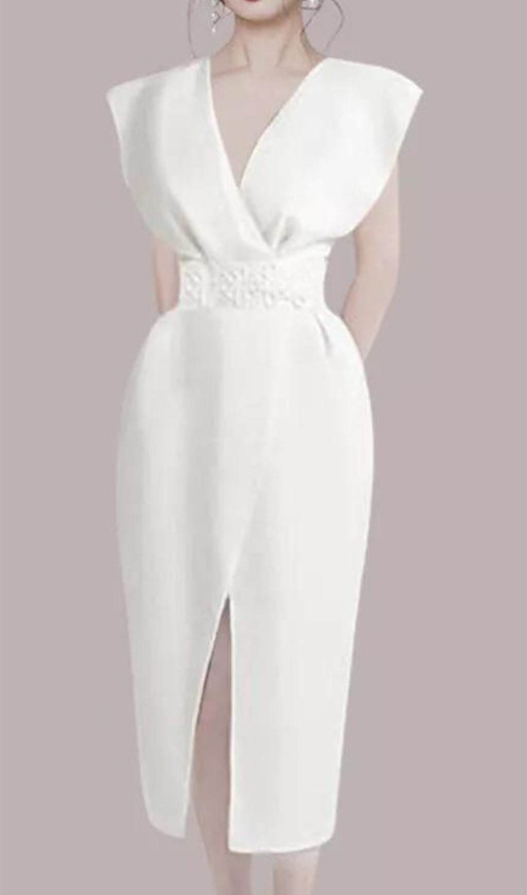 Fashionslee Women Bogda White V-Neck Midi Dress