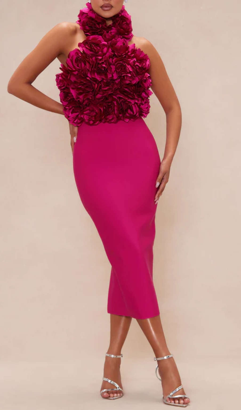Fashionslee Women Halter Floral Midi Dress Hot Pink