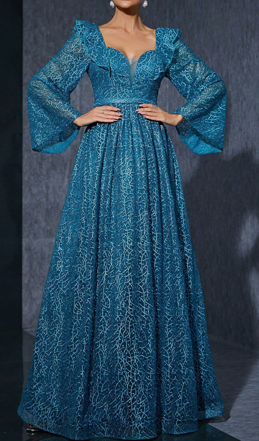 Fashionslee Women Divya Blue V-Neck Long Sleeve Maxi Dress