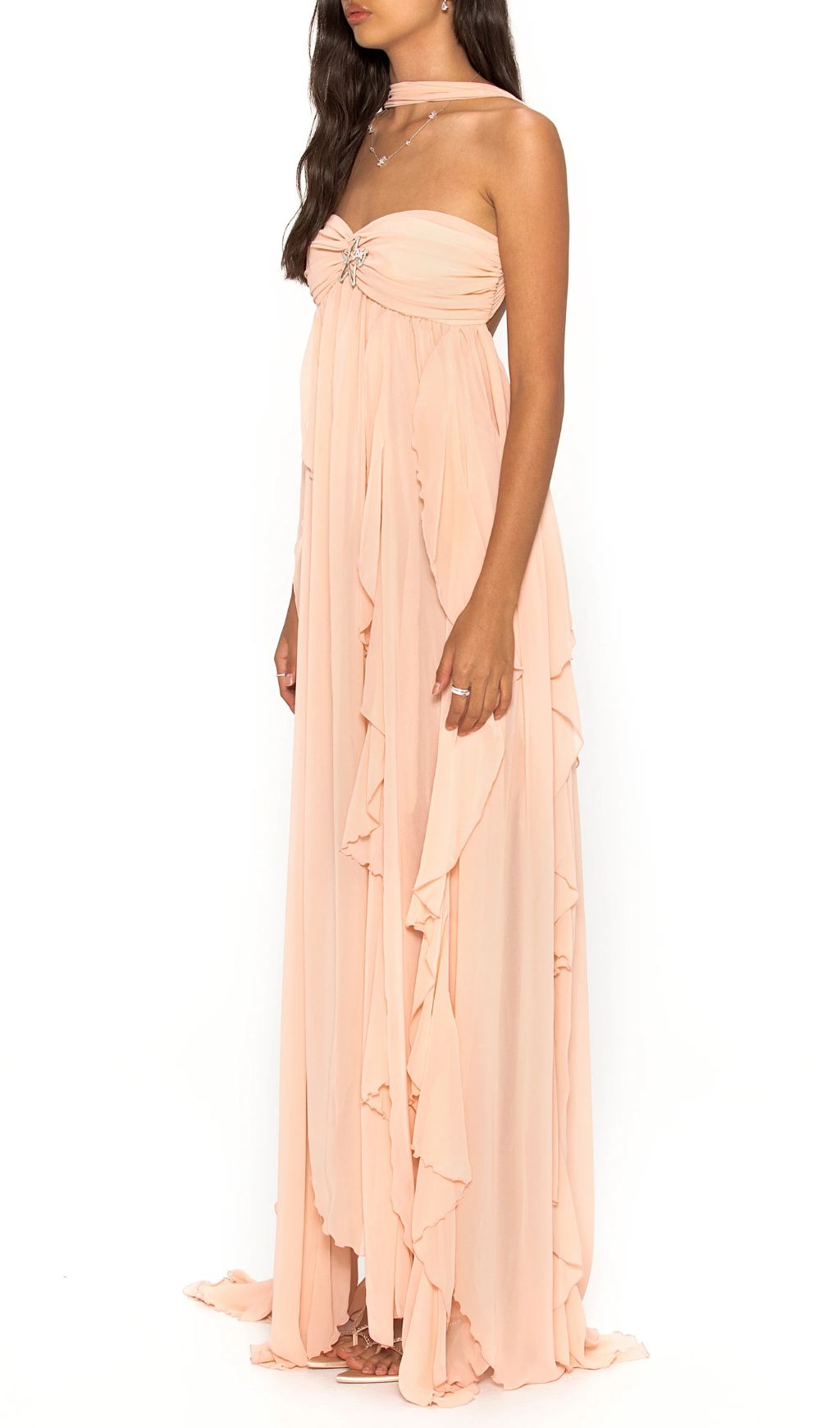 VIRAL NUDE BACKLESS MAXI DRESS IN LAYERED CHIFFON - OWNCI