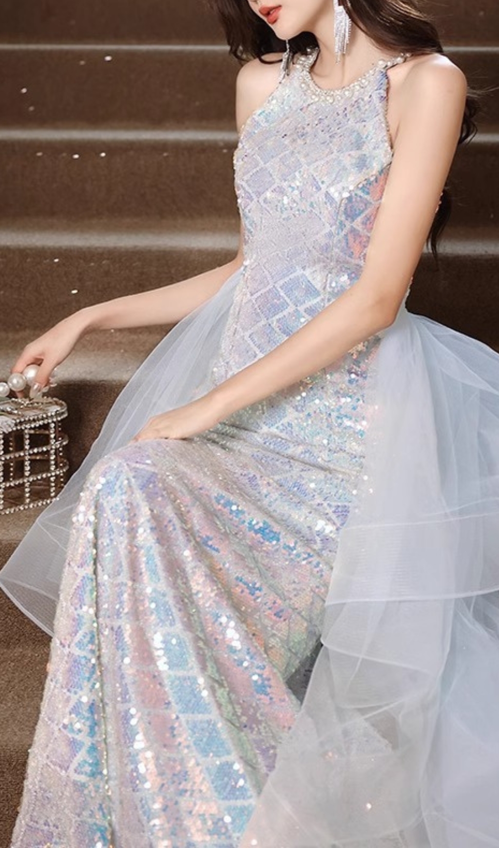 Fashionslee Women Cosette Halter Sequin Mesh Maxi Dress
